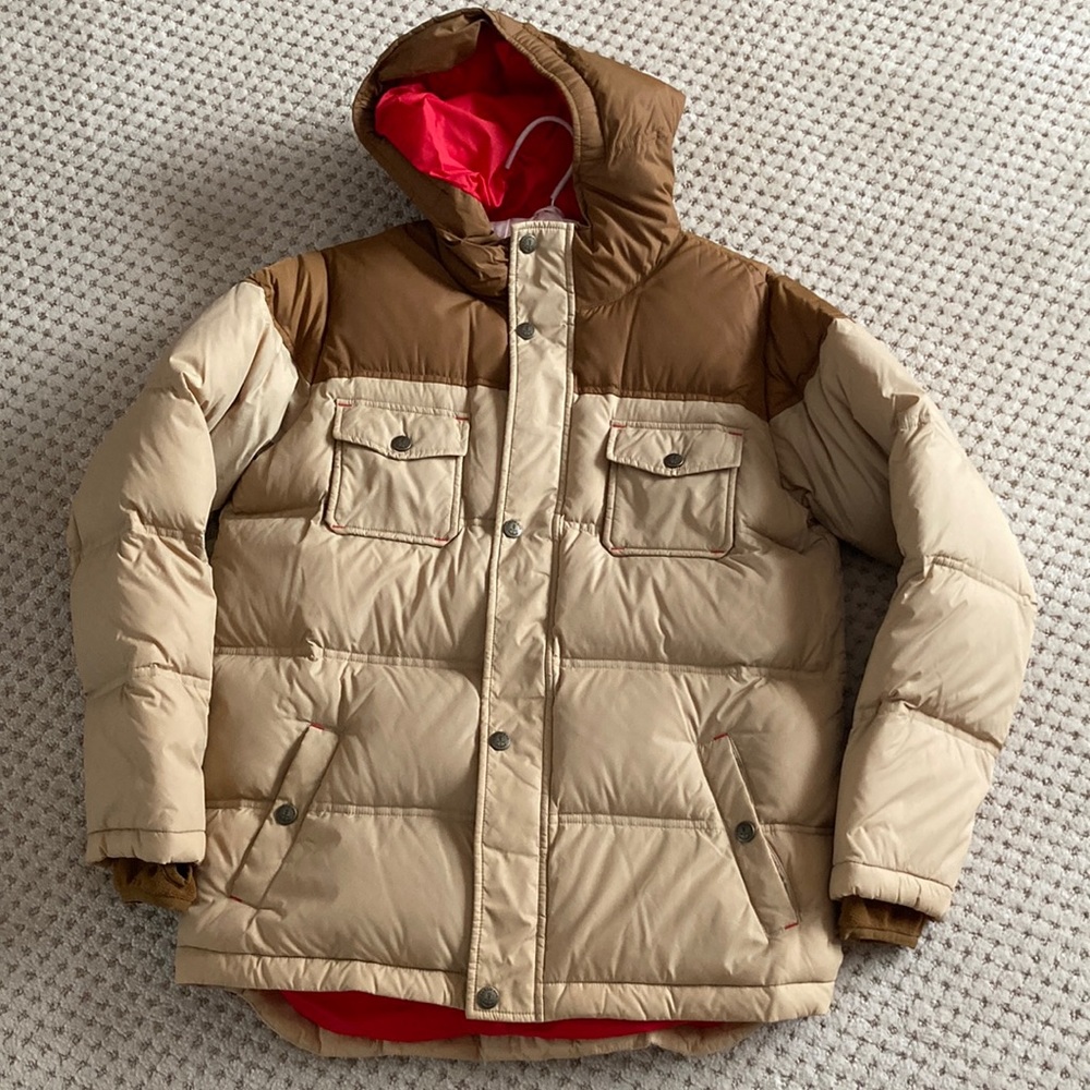 Boys LANDS END Down Feather Parka Puffer Colorblock Jacket LIKE NEW